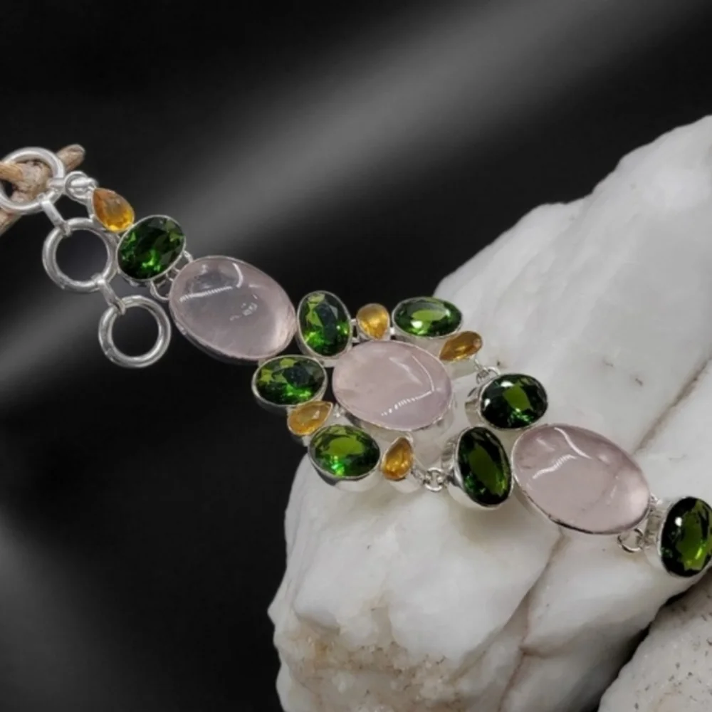 Genuine Rose Quartz Peridot Lemon Quartz Rhodium/925 Silver Bracelet